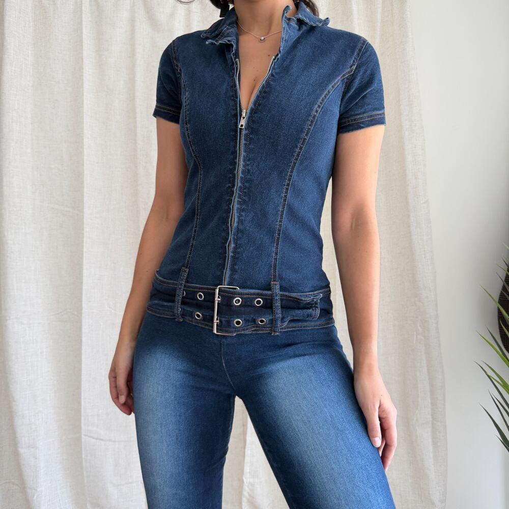 Vintage Y2K Denim Jumpsuit Medium Flare Low Rise Belted Zip Front Britney JLo - Picture 5 of 12